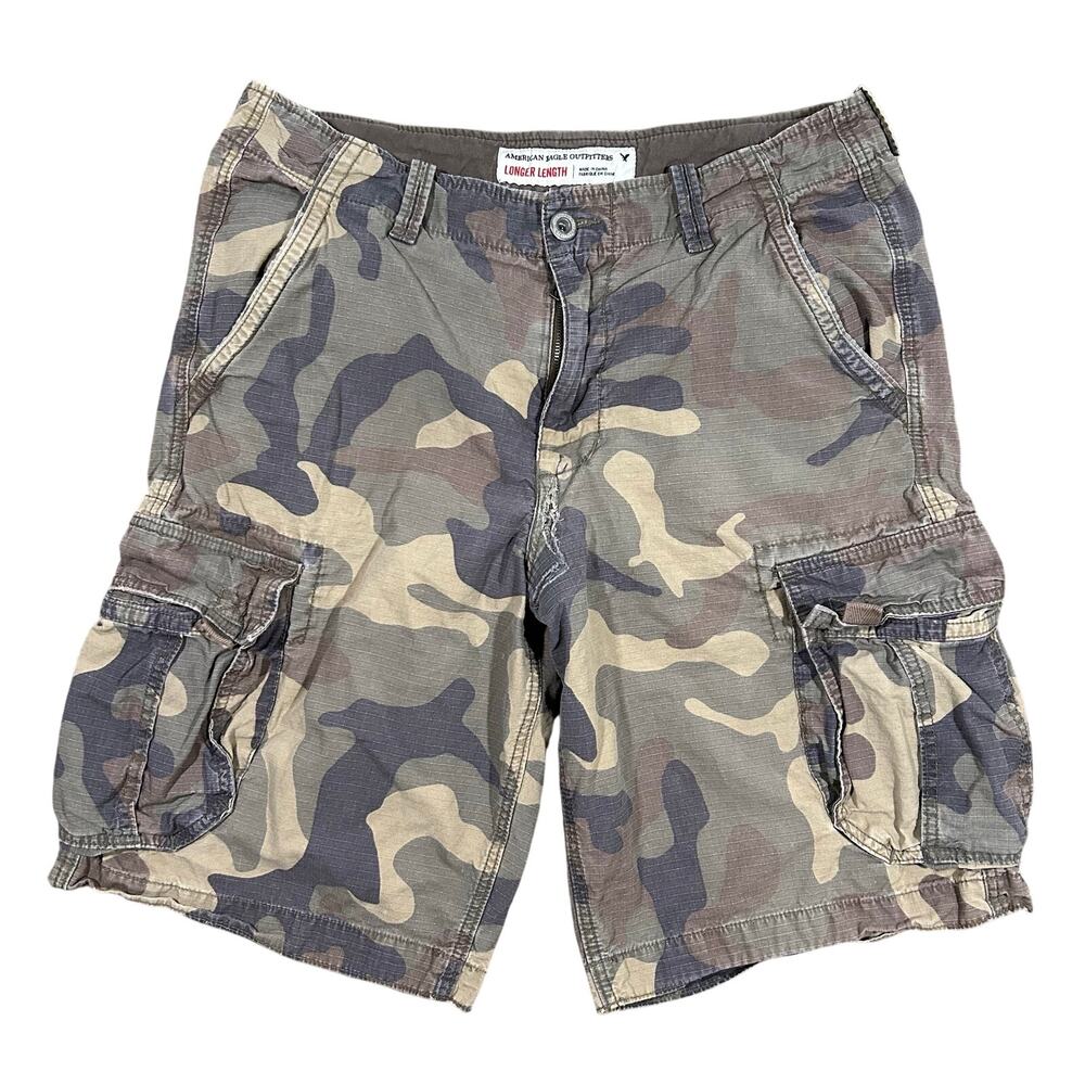 Vintage Y2K American Eagle Camo Cargo Shorts 34 Baggy Long Length 12 Inseam